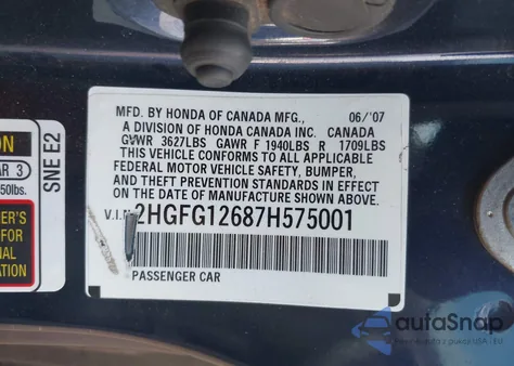 2007 Honda Civic Lx z USA, uszkodzony, nr VIN 2HGFG12687H575001